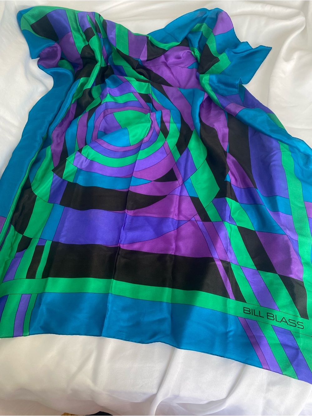 bill blass Vibrant Blue, Purple & Green Geometric Silk Scarf